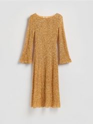 Cekinowa sukienka maxi - złoty. Żółte sukienki damskie Reserved, na co dzień, l, bez wzorów, z tkaniny, bez kołnierzyka, bez ramiączek, maxi, proste. Za 259.99 zł.
