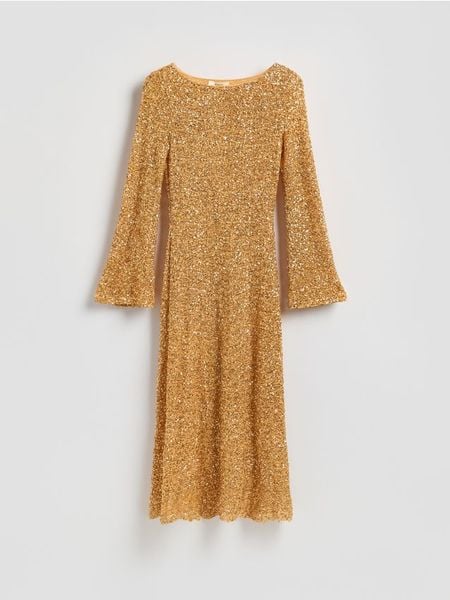 Cekinowa sukienka maxi - złoty. Żółte sukienki damskie Reserved, na co dzień, l, bez wzorów, z tkaniny, bez kołnierzyka, bez ramiączek, maxi, proste. Za 259.99 zł.