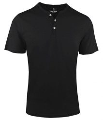 T-Shirt z Dekoltem na Guziki -Pako Jeans- Lekko Melanżowa, Czarna Tkanina. Czarne t-shirty męskie Pako Jeans, xl, bez wzorów, z bawełny, bez kołnierzyka. Za 69.00 zł.