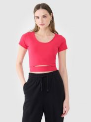 4F T-shirt crop top gładki damski - różowy XL. Czerwone t-shirty damskie 4f, xl, bez wzorów, z bawełny, bez kołnierzyka. W wyprzedaży za 19.99 zł.