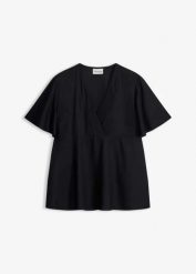 Bluzka z lejącej wiskozy. Czarne bluzki damskie bonprix, bez wzorów, z wiskozy, eleganckie, bez kołnierzyka, bez ramiączek. Za 79.99 zł.