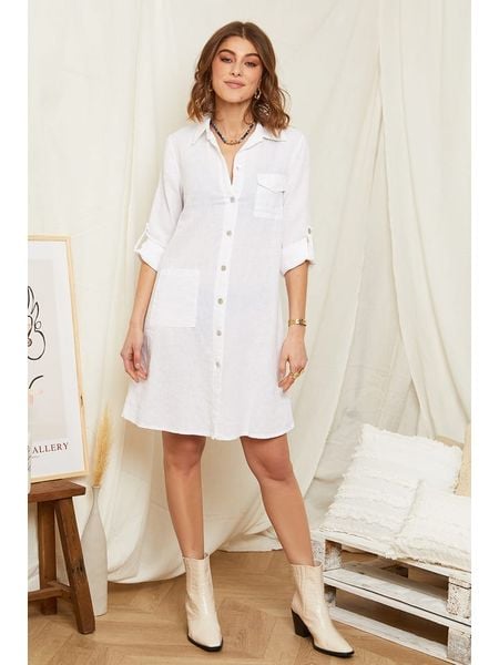 Rodier Lin Lniana sukienka w kolorze białym rozmiar: XL/XXL. Białe sukienki damskie Rodier Lin, na co dzień, xl, bez wzorów, ze lnu, bez kołnierzyka, bez ramiączek, mini, proste. Za 148.96 zł.