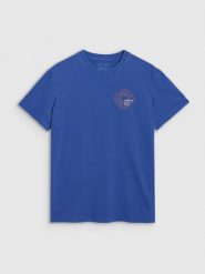 4F T-shirt regular z nadrukiem męski - niebieski XL. Niebieskie t-shirty męskie 4f, m, bez wzorów, z bawełny, bez kołnierzyka. W wyprzedaży za 39.99 zł.