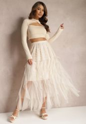 Jasnobeżowa Rozkloszowana Spódnica Maxi z Podszewką i Tiulem Esmerallda. Brązowe spódniczki damskie Renee, bez wzorów, z tiulu, eleganckie, maxi, proste. Za 99.99 zł.