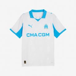 Koszulka piłkarska Puma Olympique de Marseille 25/26 domowa. Bluzki damskie Puma, l, bez wzorów, z materiału, sportowe, bez kołnierzyka, bez ramiączek. Za 459.99 zł.