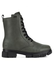 Rieker Trzewiki Y7102-52 Zielony. Zielone botki damskie Rieker, z materiału, bez obcasa, na płaskiej podeszwie, bez zapięcia. Za 299.99 zł.