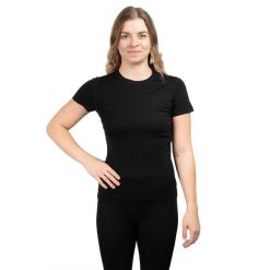Koszulka trekkingowa damska Merino SS Tee Women. Czarne bluzki damskie Smartwool, xs, bez wzorów, z wełny, sportowe, bez kołnierzyka, bez ramiączek. Za 379.99 zł.