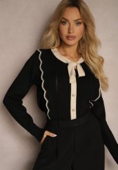 Czarny Sweter z Wiskozą z Ozdobnymi Guzikami i Kokardą w Stylu Retro Miaraine. Czarne swetry klasyczne damskie Renee, z jeansu, bez kołnierzyka. Za 109.99 zł.