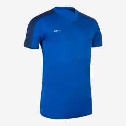 Koszulka do piłki nożnej z krótkim rękawem Kipsta Essential. Niebieskie bluzki damskie KIPSTA, l, bez wzorów, z materiału, sportowe, bez kołnierzyka, bez ramiączek. Za 34.99 zł.
