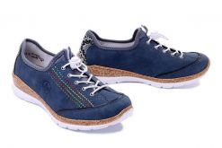 RIEKER N42T0-14 blue, półbuty damskie. Niebieskie półbuty damskie Rieker, bez wzorów, bez obcasa. Za 339.90 zł.