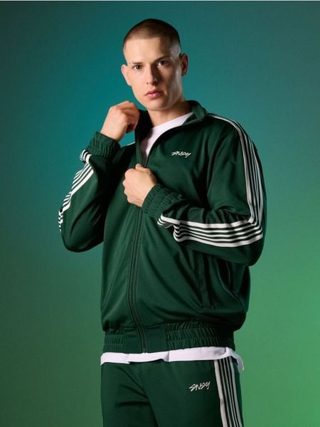 Bluza bomberka z lampasami - zielony. Zielone bluzy bez kaptura męskie Sinsay, l. Za 59.99 zł.