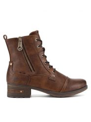 Mustang Trzewiki 1229-513 Brązowy. Brązowe botki damskie Mustang, z materiału, bez obcasa, na płaskiej podeszwie, bez zapięcia. Za 287.99 zł.