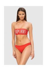 EMPORIO ARMANI Czerwone bikini z białym logo. Czerwone bikini damskie Emporio Armani, bez wzorów. W wyprzedaży za 329.99 zł.