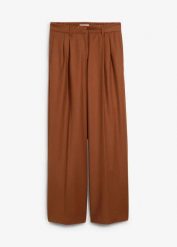 Spodnie wełniane z zakładkami. Brązowe spodnie materiałowe damskie bonprix, bez wzorów, z wełny, eleganckie. Za 349.99 zł.
