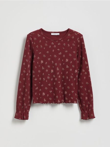 Prążkowana koszulka w kwiaty - brązowy. Brązowe koszulki dziewczęce Reserved, bez wzorów, z bawełny, bez ramiączek. Za 45.99 zł.