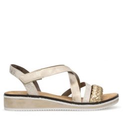 Sandały Rieker. Żółte sandały damskie Rieker, bez wzorów, bez obcasa, na koturnie. Za 299.99 zł.