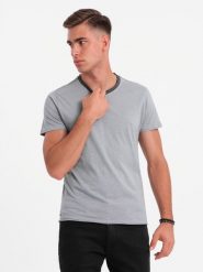 T-shirt męski z surowym wykończeniem – szary V1 - Rozmiar: XL. Szare t-shirty męskie Ombre Clothing, l, z aplikacjami, z bawełny, bez kołnierzyka. W wyprzedaży za 19.99 zł.