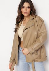 Beżowa Kurtka Ramoneska z Ozdobnym Paskiem z Ekoskóry Kotiara. Brązowe kurtki damskie Born2be, l, bez wzorów, bez kaptura. Za 219.99 zł.