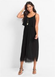 Sukienka midi z falbaną. Czarne sukienki damskie bonprix, bez wzorów, eleganckie, bez kołnierzyka, bez ramiączek, midi. Za 179.99 zł.