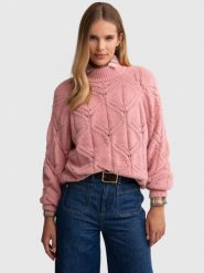 Sweter damski ażurowy ze stójką różowy Alilia 600. Czerwone golfy damskie Big Star, l, w ażurowe wzory, z jeansu, bez ramiączek. W wyprzedaży za 199.99 zł.