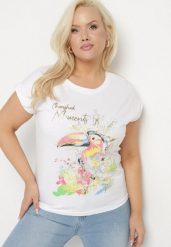 Biały T-shirt z Bawełny z Nadrukiem i Metalicznym Napisem Norsemi. Białe t-shirty damskie Born2be, xl, bez wzorów, z bawełny, bez kołnierzyka. Za 34.99 zł.