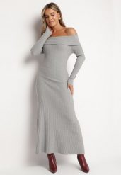 Szara Rozkloszowana Sukienka z Wiskozą i Odkrytymi Ramionami Siannela. Szare sukienki damskie Born2be, na co dzień, s, bez wzorów, z jeansu, eleganckie, bez kołnierzyka, bez ramiączek, midi, dopasowane. W wyprzedaży za 151.99 zł.