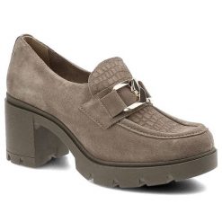 Półbuty damskie Lemar, naturalna skóra zamszowa masywna podeszwa na stabilnym obcasie dekoracyjny pasek, taupe-złote, 20097-W. Szare półbuty damskie Lemar, bez wzorów, ze skóry, bez obcasa, na obcasie. Za 249.00 zł.