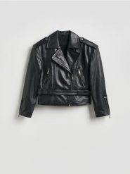 Skórzana kurtka ramoneska - czarny. Czarne kurtki damskie Reserved, l, bez wzorów, ze skóry, bez kaptura. Za 599.99 zł.