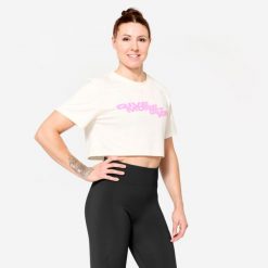Koszulka fitness damska Domyos crop top. Bluzki damskie DOMYOS, m, bez wzorów, z bawełny, bez ramiączek. Za 64.99 zł.