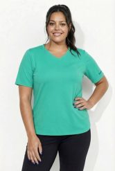Damskie Koszulka funkcyjna dekolt w serek krótki rękaw materiał z recyklingu. Czarne t-shirty damskie Ulla Popken, plus size, bez wzorów, z elastanu, bez kołnierzyka. Za 139.99 zł.