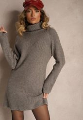 Ciemnoszara Sukienka Dzianinowa Prążkowana Lialethe. Szare sukienki damskie Renee, do pracy, bez wzorów, z dzianiny, biznesowe, bez kołnierzyka, bez ramiączek, mini, oversize. W wyprzedaży za 132.99 zł.