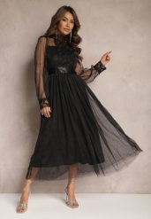 Czarna Siateczkowa Sukienka Maxi o Rozkloszowanym Kroju z Ozdobną Koronką Narile. Czarne sukienki damskie Renee, s, bez wzorów, z koronki, eleganckie, bez kołnierzyka, bez ramiączek, maxi, rozkloszowane. Za 209.99 zł.
