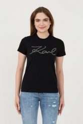 KARL LAGERFELD Czarny t-shirt Rhinestone Logo. Czarne t-shirty damskie Karl Lagerfeld, xs, bez wzorów, bez kołnierzyka. W wyprzedaży za 299.99 zł.