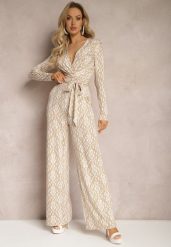 Beżowy Kopertowy Kombinezon z Paskiem w Talii i Ozdobnym Wzorem Mirannda. Brązowe kombinezony damskie Renee, l, bez wzorów, z materiału, eleganckie, bez kołnierzyka, bez ramiączek. Za 119.99 zł.