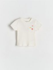 Prążkowany t-shirt z haftem - złamana biel. Koszulki dziewczęce Reserved, m, bez wzorów, z bawełny, bez ramiączek. Za 25.99 zł.