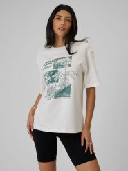 4F T-shirt loose z nadrukiem damski - biały S. Białe t-shirty damskie 4f, s, bez wzorów, z dzianiny, bez kołnierzyka. Za 79.99 zł.