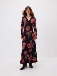Wzorzysta sukienka z wiskozą - wielobarwny. Sukienki damskie Reserved, l, bez wzorów, z dzianiny, bez kołnierzyka, bez ramiączek, midi, rozkloszowane. Za 279.99 zł.
