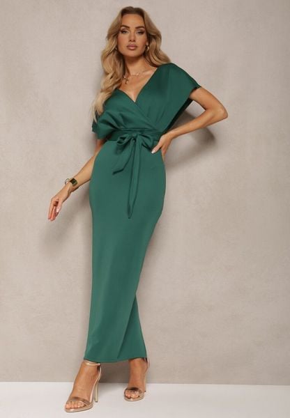 Zielona Sukienka Koktajlowa z Trójkątnym Dekoltem i Materiałowym Paskiem z Rozcięciem Wilni. Zielone sukienki damskie Renee, na co dzień, xs, bez wzorów, z materiału, eleganckie, bez kołnierzyka, bez ramiączek, maxi, proste. Za 139.99 zł.