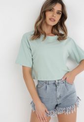 Miętowy T-shirt Rheniala. Zielone t-shirty damskie Born2be, l, bez wzorów, z bawełny, bez kołnierzyka. Za 34.99 zł.