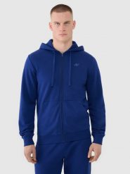 4F Bluza dresowa rozpinana z kapturem męska - granatowa M. Niebieskie bluzy sportowe męskie 4f, bez wzorów, z bawełny, sportowe, bez kołnierzyka, bez ramiączek. W wyprzedaży za 119.99 zł.