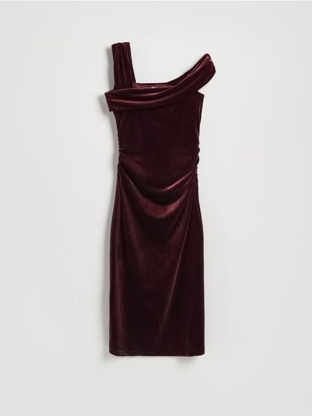 Welurowa sukienka midi - bordowy. Czerwone sukienki damskie Reserved, l, bez wzorów, z tkaniny, bez kołnierzyka, bez ramiączek, midi, dopasowane. Za 159.99 zł.