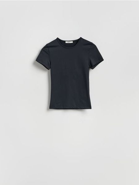 Gładki t-shirt - czarny. Czarne t-shirty damskie Reserved, l, bez wzorów, z dzianiny, bez kołnierzyka. Za 45.99 zł.