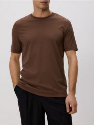 T-shirt regular z wiskozą - ciemnobrązowy. Brązowe t-shirty męskie Reserved, l, bez wzorów, z dzianiny, bez kołnierzyka. Za 89.99 zł.