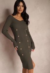 Zielona Dzianinowa Sukienka z Wiskozą z Ozdobnym Rozcięciem i Guzikami Ilavitha. Zielone sukienki damskie Renee, na co dzień, bez wzorów, z dzianiny, eleganckie, bez kołnierzyka, bez ramiączek, midi, dopasowane. W wyprzedaży za 55.99 zł.