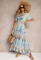 Niebieska Boho Sukienka z Wiskozy z Ozdobnymi Guzikami i Cienkim Paskiem w Talii Dimosia. Niebieskie sukienki damskie Renee, na co dzień, na lato, l, bez wzorów, z wiskozy, boho, bez kołnierzyka, bez ramiączek, maxi, proste. W wyprzedaży za 83.99 zł.