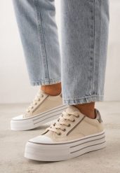 Beżowe Klasyczne Trampki na Grubej Podeszwie Araenes. Brązowe trampki i tenisówki damskie Born2be, bez wzorów, z jeansu. Za 79.99 zł.