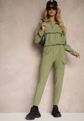 Zielony Komplet Dresowy Bluza z Suwakiem i Kołnierzem i Spodnie z Kieszeniami Cargo Taigena. Zielone bluzy bez kaptura damskie Renee, m, z dresówki. Za 74.99 zł.