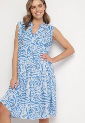 Niebieska Bawełniana Rozkloszowana Sukienka z Geometrycznym Wzorem Annivaria. Niebieskie sukienki damskie Born2be, na co dzień, l, bez wzorów, z bawełny, eleganckie, bez kołnierzyka, bez ramiączek, midi, rozkloszowane. W wyprzedaży za 47.99 zł.