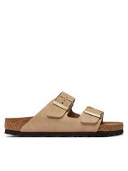 Birkenstock Klapki Arizona 1019016 Beżowy. Brązowe klapki damskie Birkenstock, bez wzorów, z nubiku, bez obcasa. Za 589.99 zł.