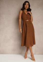 Brązowa Rozkloszowana Sukienka z Guzikami Folunira. Brązowe sukienki damskie Renee, na lato, m, bez wzorów, eleganckie, bez kołnierzyka, bez ramiączek, midi, rozkloszowane. W wyprzedaży za 97.99 zł.